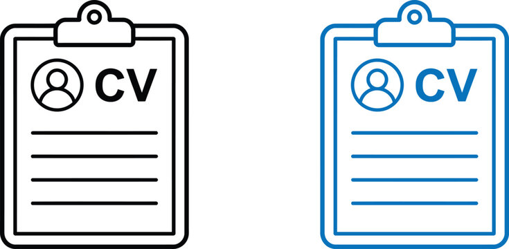 Two clipboard icons with cv resume document and user profile symbol