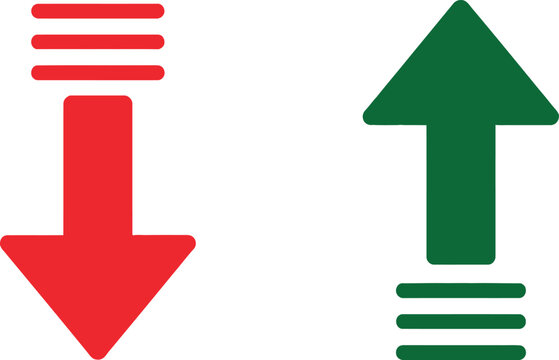 Red down arrow and green up arrow icons representing growth and decline business concepts