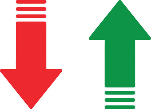Red down arrow and green up arrow icons showing opposite directions for growth and decline concepts