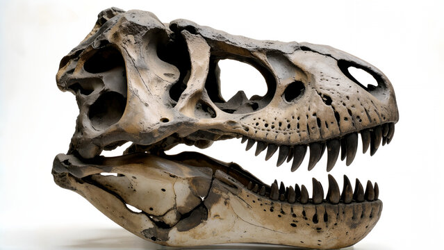 Detailed profile view of a Tyrannosaurus Rex skull fossil specimen for scientific study.