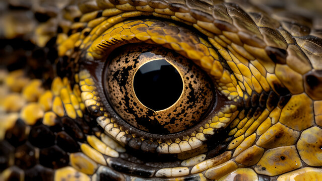 Extreme close up macro photography of a yellow and brown lizard eye texture.