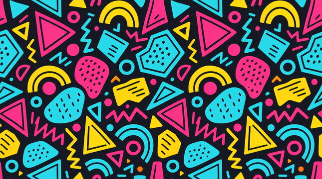 Colorful Memphis Style Geometric Pattern on Dark Background