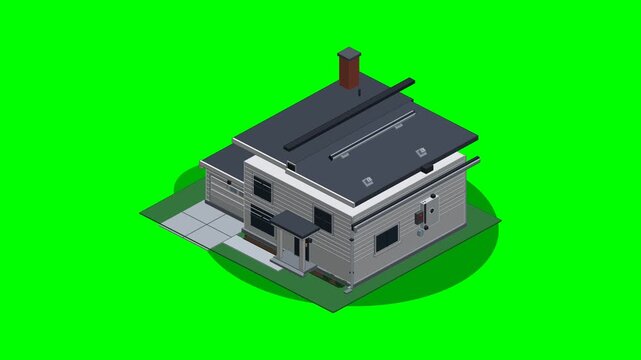 Seamless 4K 60FPS mechanical 2.5D animation of residential solar panel rooftop installation on an authentic suburban home with clean non-overlapping staging and physical energy flow.