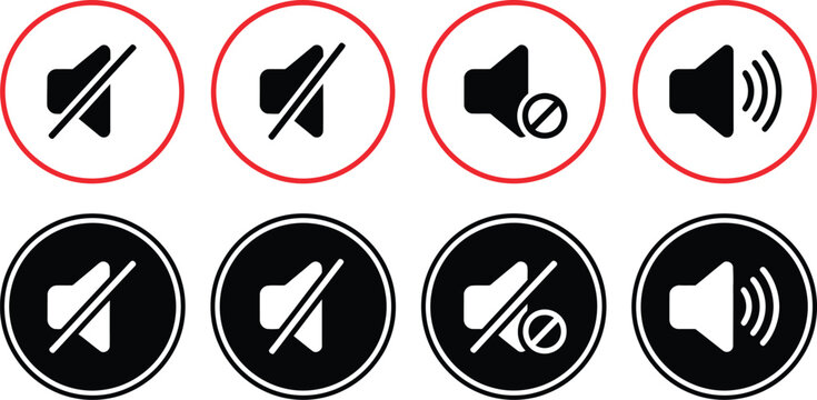 Set of mute and volume sound speaker icons in black and white circular button design