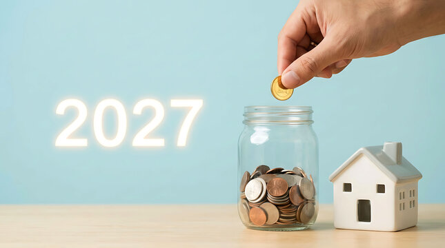 Saving money for a new home purchase in 2027 with coins dropped in a glass jar