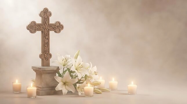 Funeral cross with white lilies and memorial candles.
