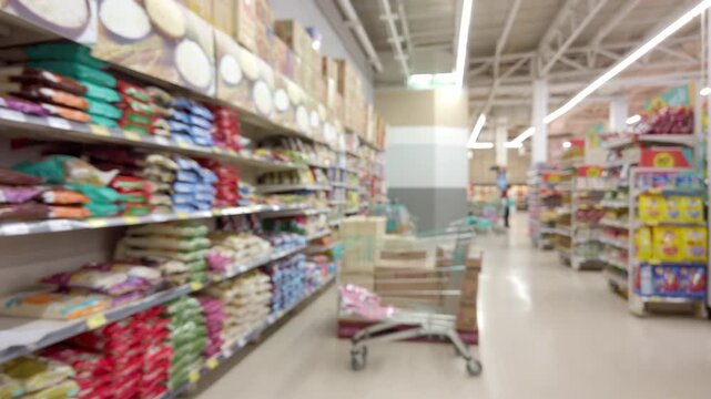 Blurred supermarket aisle with shelves full of groceries