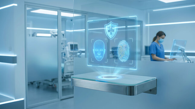 Futuristic hospital security system with biometric facial and fingerprint scan