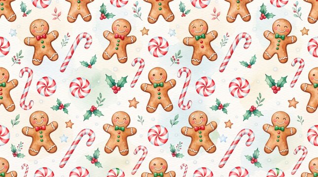Delicious Christmas Baking Seamless Pattern with Gingerbread Houses, Stollen, Yule Log, and Sweets