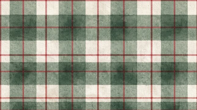 Classic Green and Cream Tartan Plaid Seamless Pattern with Fine Red Lines
