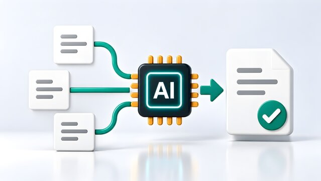 3D artificial intelligence microchip processing multiple digital documents into a single approved file for smart automation and data verification