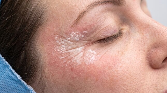 Extreme close up of female face suffering from flaky seborrheic dermatitis or eyelid eczema