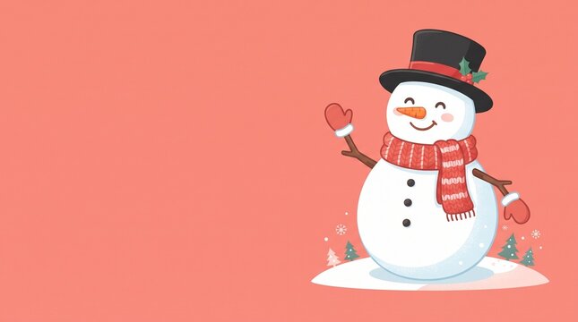 Cute snowman wearing black top hat and red scarf waving vector background banner element