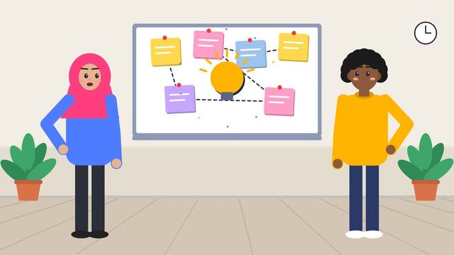 Diverse animated characters collaborate on a mind map with sticky notes and a lightbulb, symbolizing brainstorming and idea generation.