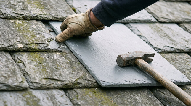 Man repairing a slate roof in work gloves and using a hammer  