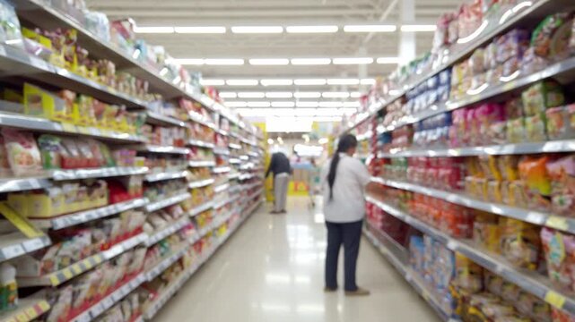 Blurred supermarket aisle with shelves and people shopping