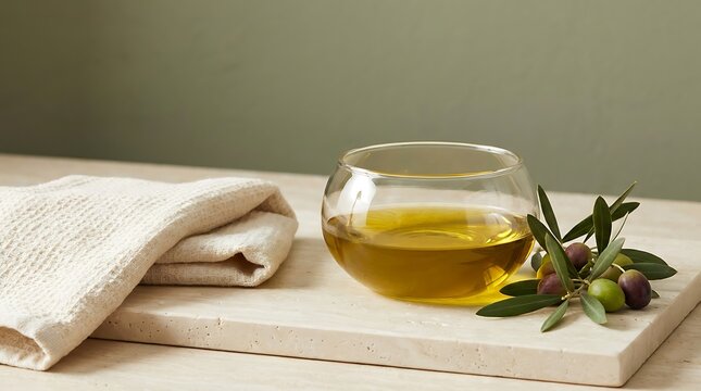Glass bowl with fresh extra virgin olive oil and green olive branches on a wooden table for healthy cooking. olive oil benefits