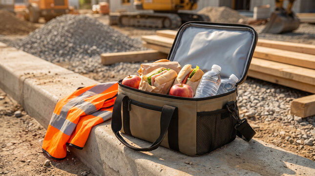 Construction workers eating lunch on site with cooler and safety vest  