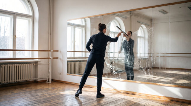 Man cleaning mirror with squeegee in dance studio  