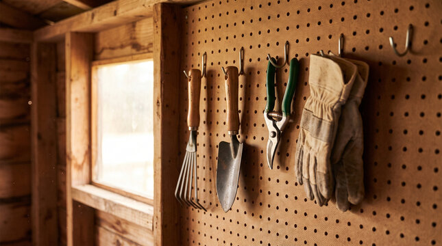Gardening tools arranged on pegboard in a rustic shed  