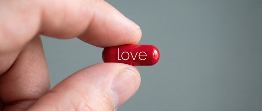 Person holding a red pill labeled with the word love medicine pharmacy treatment supplements healthcare affection