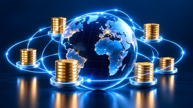 Global Digital Economy and Cryptocurrency Concept with Glowing Earth Globe Connected to Stacks of Gold Coins via Blue Network Lines