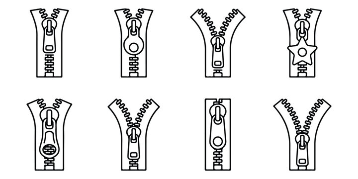 Set of zipper icons in flat line style