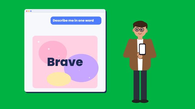 Animated man with smartphone, 'Brave' word displayed on app screen, concept of personality traits, self-affirmation, and emotional strength