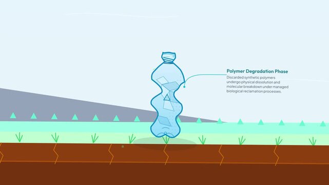Educational animation illustrating the perpetual circular metamorphosis from plastic polymer degradation to bio-synthesis, structural repurposing, and renewable kinetic harvesting