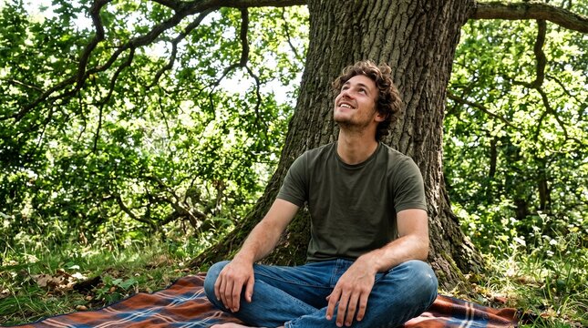 Cheerful young man sitting cross-legged under a big oak tree in the forest, smiling and looking up
