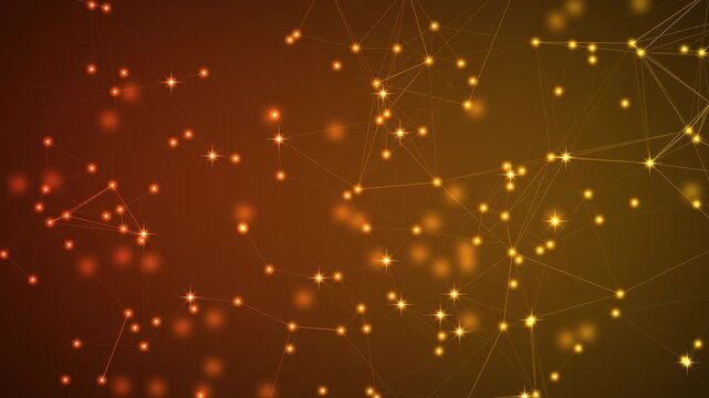 Abstract golden plexus background with glowing dots and lines, digital network connection animation, orange and yellow bokeh light particles