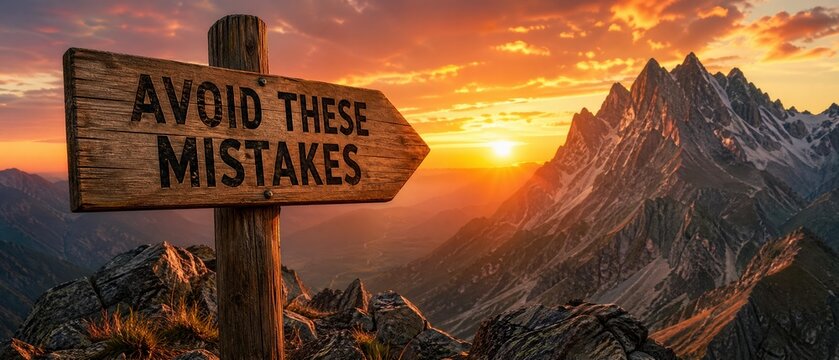 Wooden directional sign with text avoid these mistakes on mountain peak at sunset direction mountain business