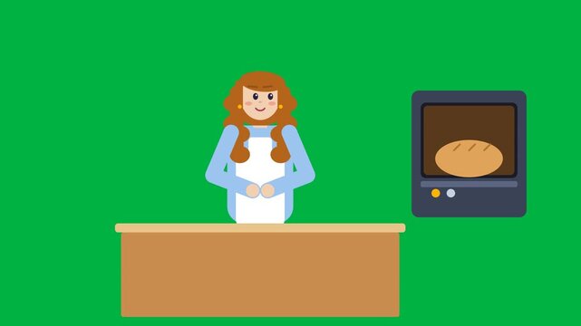 Cartoon woman baker baking fresh bread in oven, culinary professional in kitchen apron, food preparation illustration