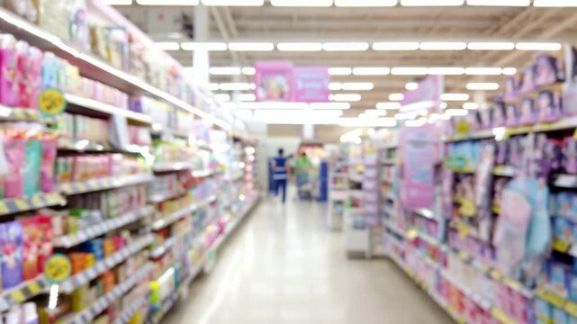 Blurred view walking through a supermarket cosmetic aisle