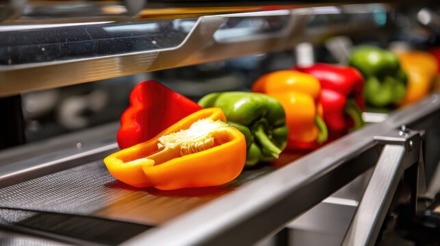 Colorful bell peppers on a conveyor belt, likely in a food processing or packaging facility.