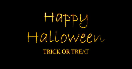 Fototapeta premium Happy Holloween Trick or Treat Handwritten Text animation on black dark bg.Halloween Greeting Horror Party Title Festive Holiday Message. Children party starting title intro asset in metallic shine.