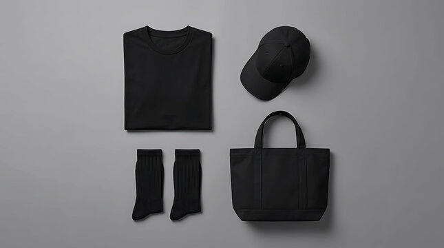 Minimalist flat lay composition with black clothing accessories and tote bag