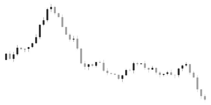 Black and white stock market bearish trend chart with monochrome candlestick bars indicating financial market drop