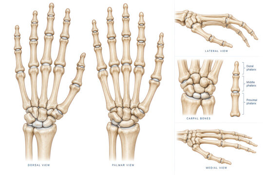 Human Hand Bones Anatomy with Wrist Carpal Metacarpal and Phalanges