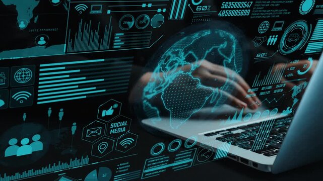 Explore a high-tech communication scene showcasing digital analytics, global networking, and user interaction with a laptop, emphasizing modern data visualization techniques. Cipher