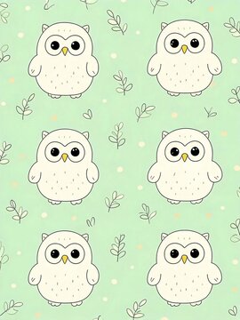 Seamless pattern featuring cartoon owls with large eyes, small beaks, and round bodies on a pastel green background. The owls are arranged in a regular grid pattern.