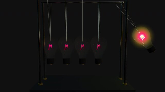 Bulb swinging in newtons cradle motion with pink neon glow