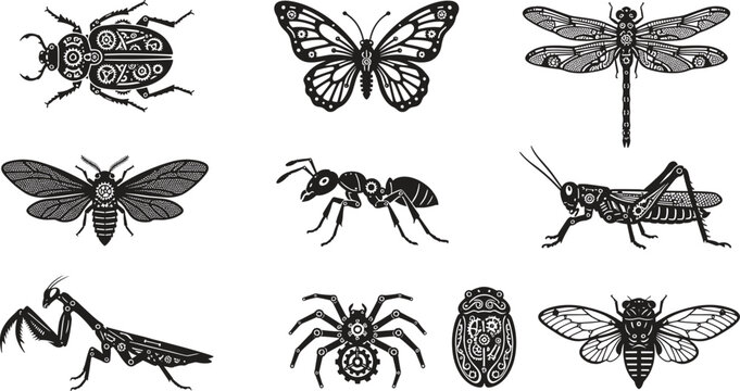 Steampunk fantasy insect silhouette collection depicting industrial mechanical clockwork gears cogs inside butterfly dragonfly spider mantis and beetle vectors