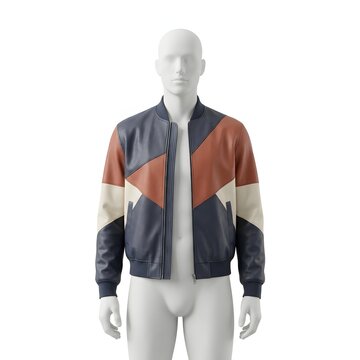 Mens multi colored leather bomber jacket displayed on a white male mannequin torso isolated
