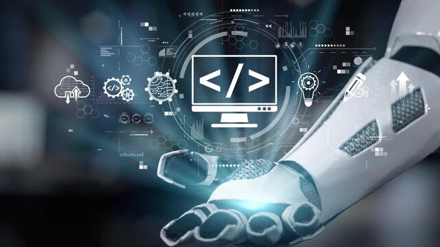 A futuristic robot arm showcases a virtual coding interface with digital symbols related to programming, representing the intersection of technology and innovation in modern automation. Salient
