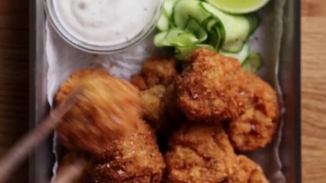 Person using chopsticks to dip crispy fried snack into white sauce