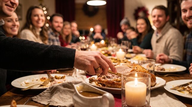 Close up of a man's hand carving a roasted turkey during a festive holiday dinner party with a large group of multi-generational happy friends and family gathered around a candlelit table
