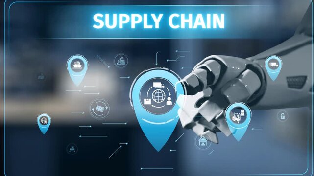A robotic hand engages with digital supply chain elements, showcasing advanced technology and data management in a contemporary business landscape, emphasizing automation and efficiency. Salient