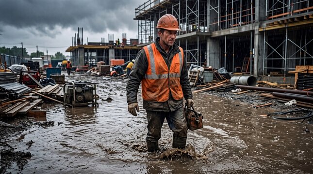 A weary construction worker navigates through a muddy waterlogged job site under a dark overcast sky at an active industrial building project