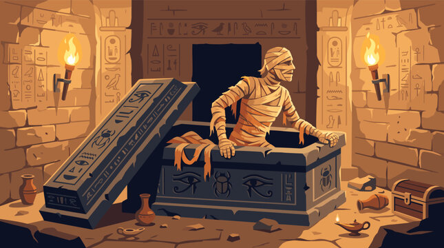 A spooky mummy wrapped in bandages rising from an ancient stone sarcophagus inside an Egyptian tomb chamber decorated with hieroglyphs and lit by torches, vector illustration